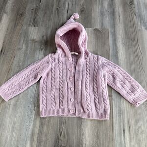 JoJo Maman Bebe Cable Lambswool Hooded Cardigan Pink 6-12 Months